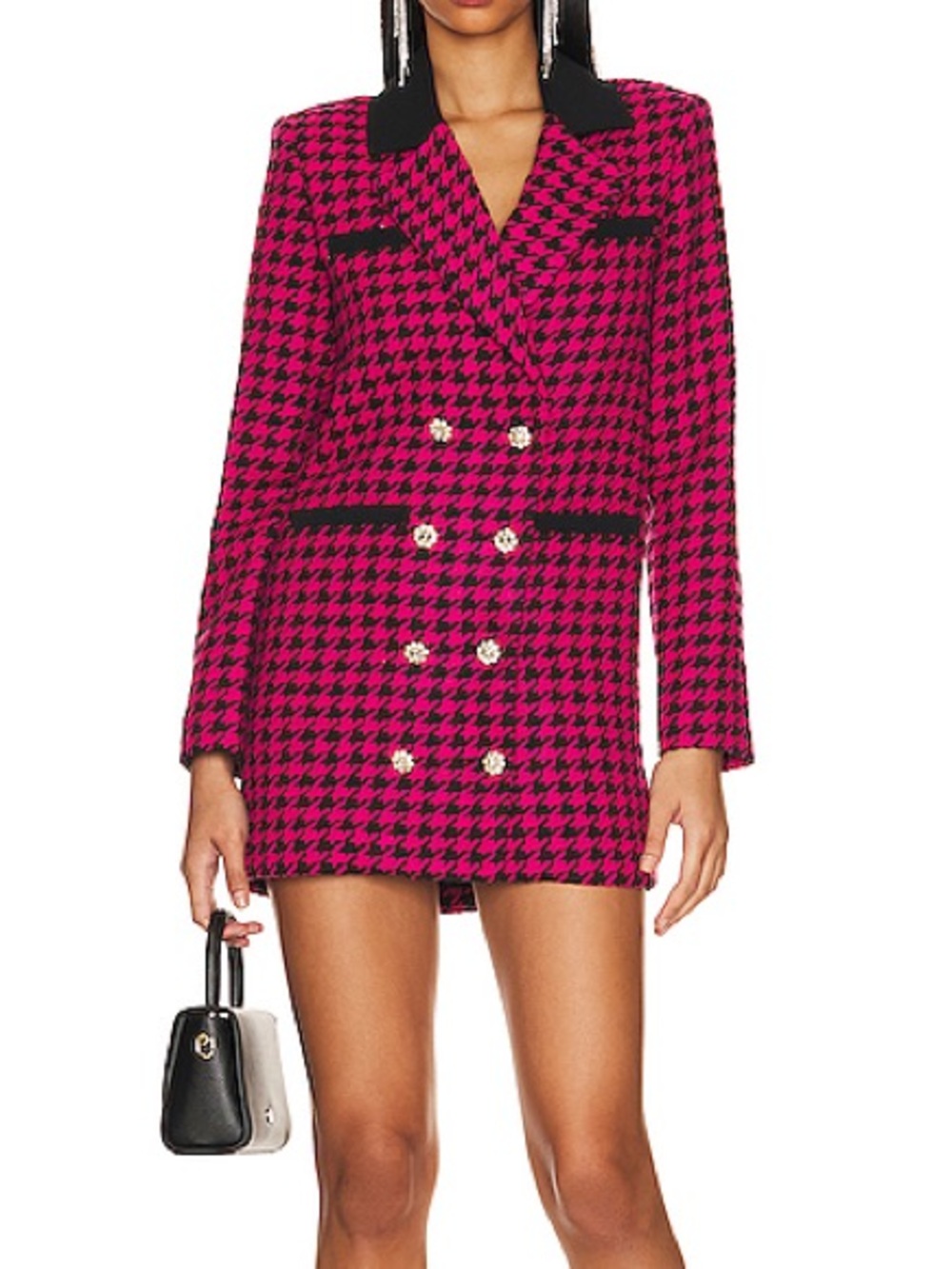 Lovers + Friends NWT Hot Pink & Black Houndstooth Double-Breasted Blazer Size XS